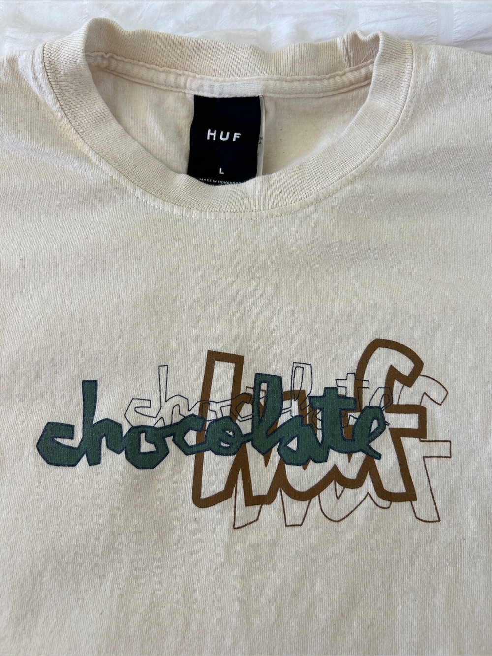 HUF Cream Tee with Green and Brown 'Chocolate' Graphic